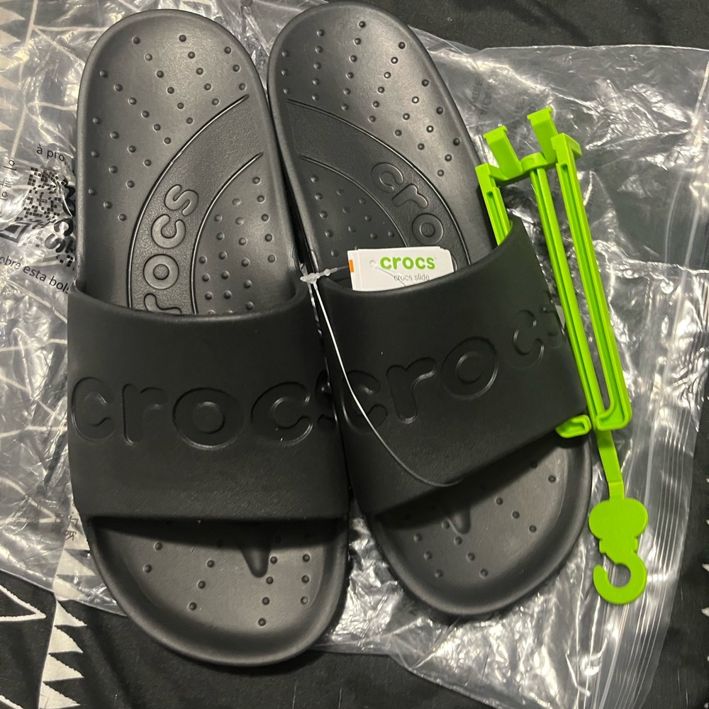 CROCS Black Slide Sandals with Green Tag